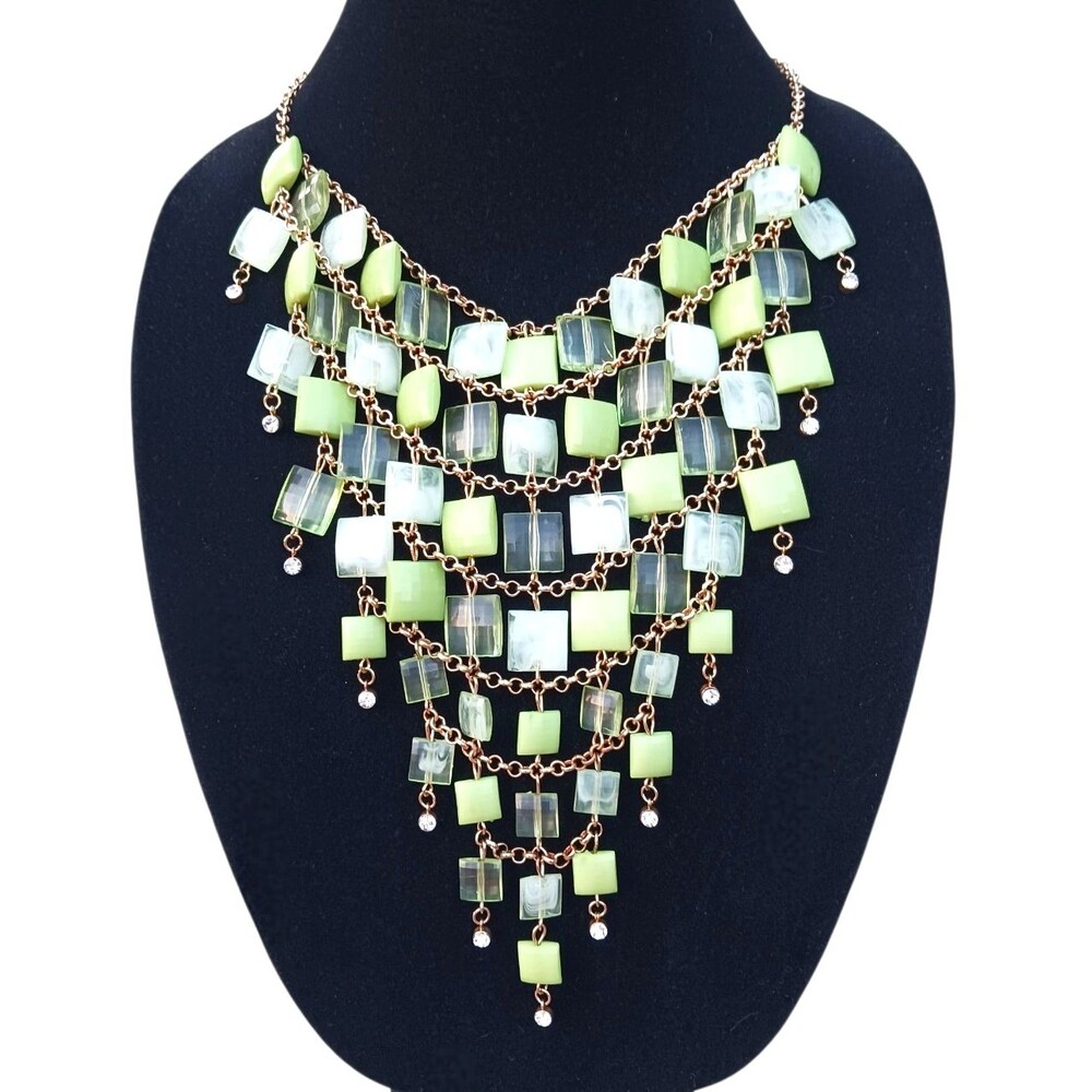 Chunky Gold Tone Bib Statement 20" Waterfall Necklace Shades Of Green Squares